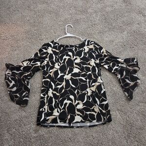 Black and Cream Floral Blouse With Ruffled Sleeves